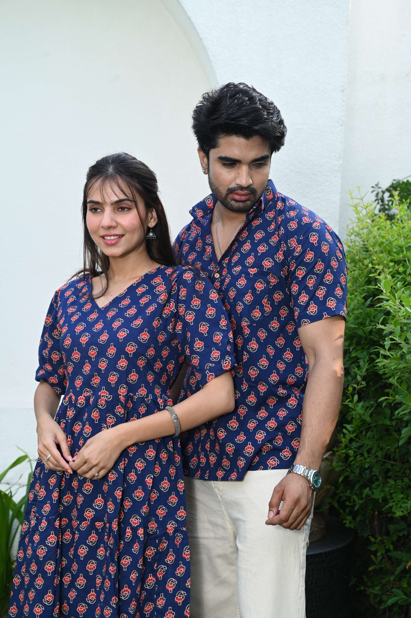 Couple Matching Navy Blue Cotton Printed Anarkali Midi Dress & Shirt Set ? Casual & Festive Wear - Image 5